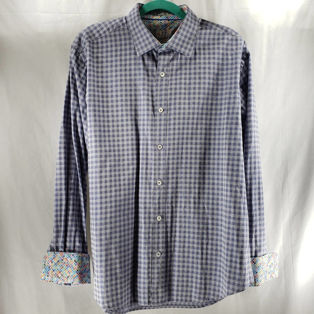Bugatchi Uomo Size Large Blue Gingham Print Shaped Fit Cotton Button Up Shirt